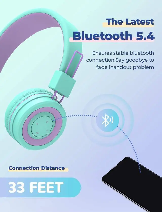 Alt view image 4 of 5 - iClever [2 Pack BTH02 Kids Bluetooth Headphones for School with MIC, 85dBA Volume Protection, Adjustable Foldable,for iPad/Tablet/Airplane, Green/Blue