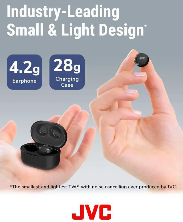 Alt view image 3 of 5 - JVC Compact True Wireless Headphones with Active Noise Cancelling, Low-Latency Mode for Gaming and Movies, Bluetooth 5.2, Long Battery Life (up to 21 Hours) - HAA30TB (Black), Small