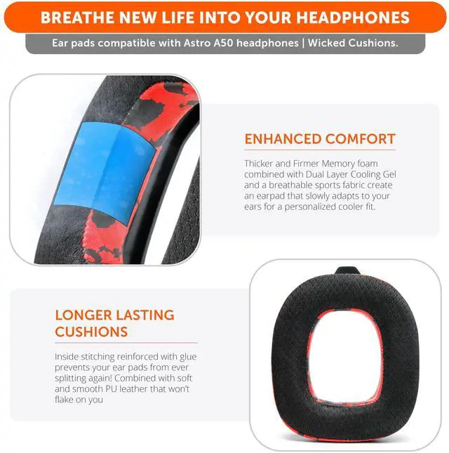 Alt view image 4 of 5 - WC Freeze A50 - Cooling Gel Replacement Earpads for Astro A50 Gen 4, Gen 5 and A50X Only, Made by Wicked Cushions, Improved Durability, Thickness and Sound Isolation | Red Camo