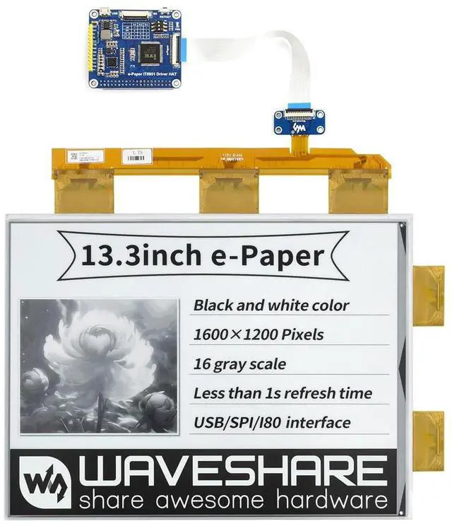 Main image of Waveshare 13.3inch E-Paper E-Ink Display HAT Compatible with Raspberry Pi4B/3B+/3B/2B/B+/A+/Zero/Zero W/WH/Zero 2W 1600×1200 Pixels Black/White 2-16 Grey Scales USB/SPI/I80 Supports Partial Refresh