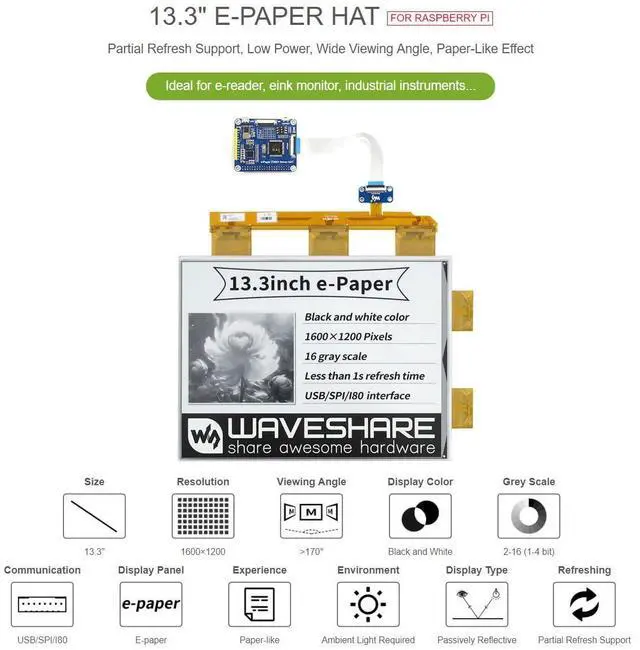 Alt view image 3 of 5 - Waveshare 13.3inch E-Paper E-Ink Display HAT Compatible with Raspberry Pi4B/3B+/3B/2B/B+/A+/Zero/Zero W/WH/Zero 2W 1600×1200 Pixels Black/White 2-16 Grey Scales USB/SPI/I80 Supports Partial Refresh