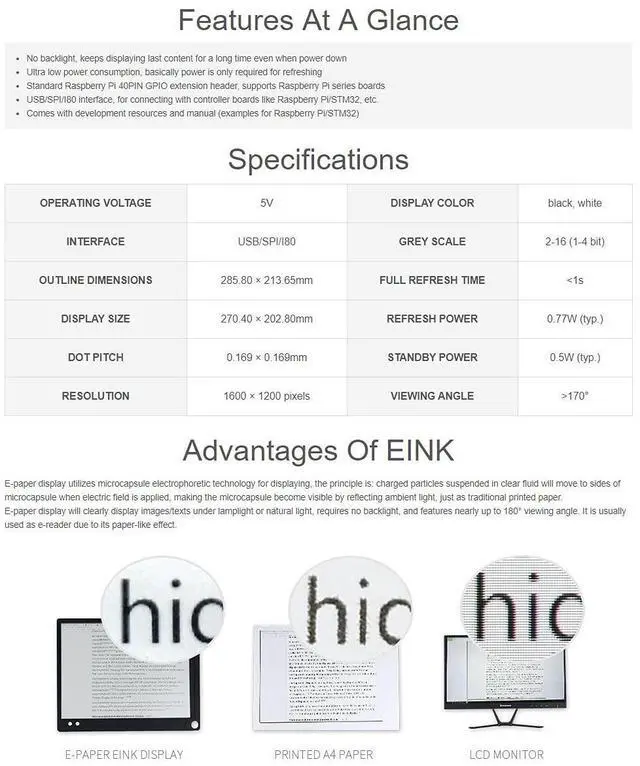 Alt view image 4 of 5 - Waveshare 13.3inch E-Paper E-Ink Display HAT Compatible with Raspberry Pi4B/3B+/3B/2B/B+/A+/Zero/Zero W/WH/Zero 2W 1600×1200 Pixels Black/White 2-16 Grey Scales USB/SPI/I80 Supports Partial Refresh