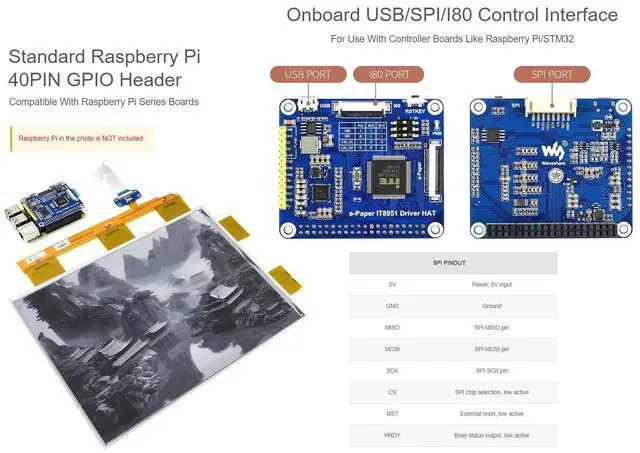 Alt view image 5 of 5 - Waveshare 13.3inch E-Paper E-Ink Display HAT Compatible with Raspberry Pi4B/3B+/3B/2B/B+/A+/Zero/Zero W/WH/Zero 2W 1600×1200 Pixels Black/White 2-16 Grey Scales USB/SPI/I80 Supports Partial Refresh