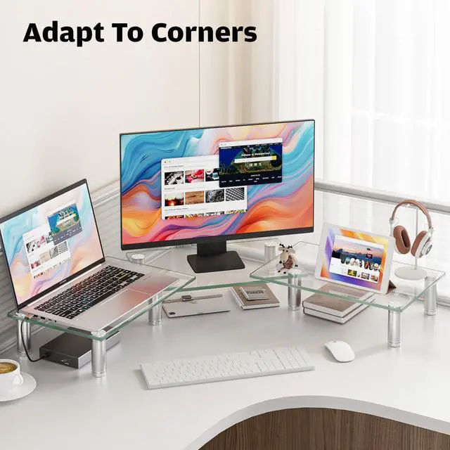 Alt view image 4 of 5 - Hemudu Dual Monitor Stand -Adjustable Length and Angle Dual Monitor Riser, Desktop Organizer for PC, Computer, Laptop (Clear)