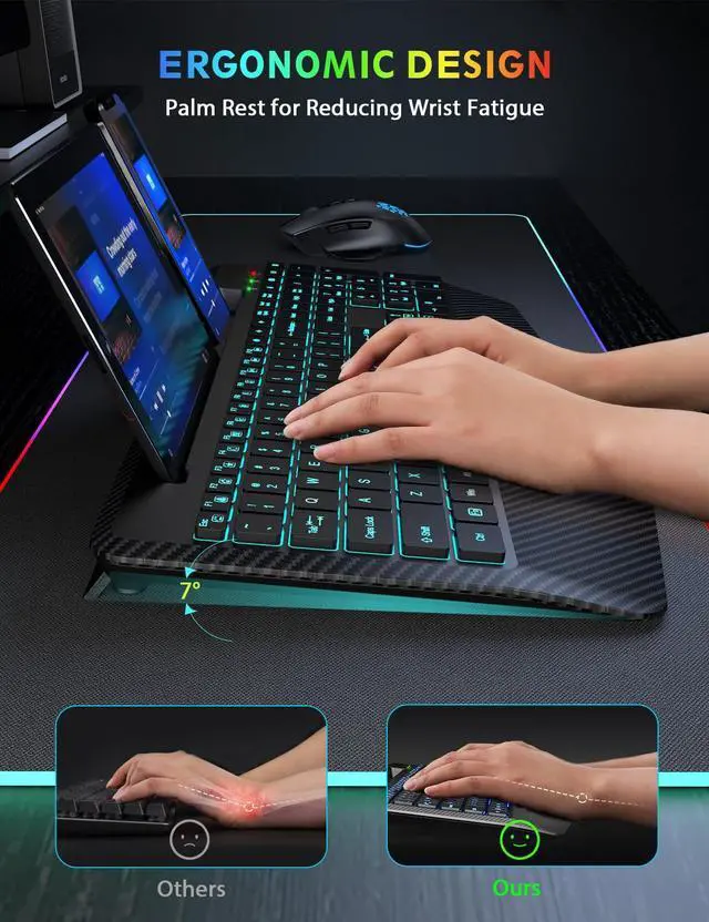 Alt view image 3 of 5 - Wireless Keyboard and Mouse Backlits, Wrist Rest, LED Mouse, Rechargeable Ergonomic Keyboard with Phone Holder, Silent Light Up Combo for Computer, Mac, PC, Laptop, Chromebook (Black)
