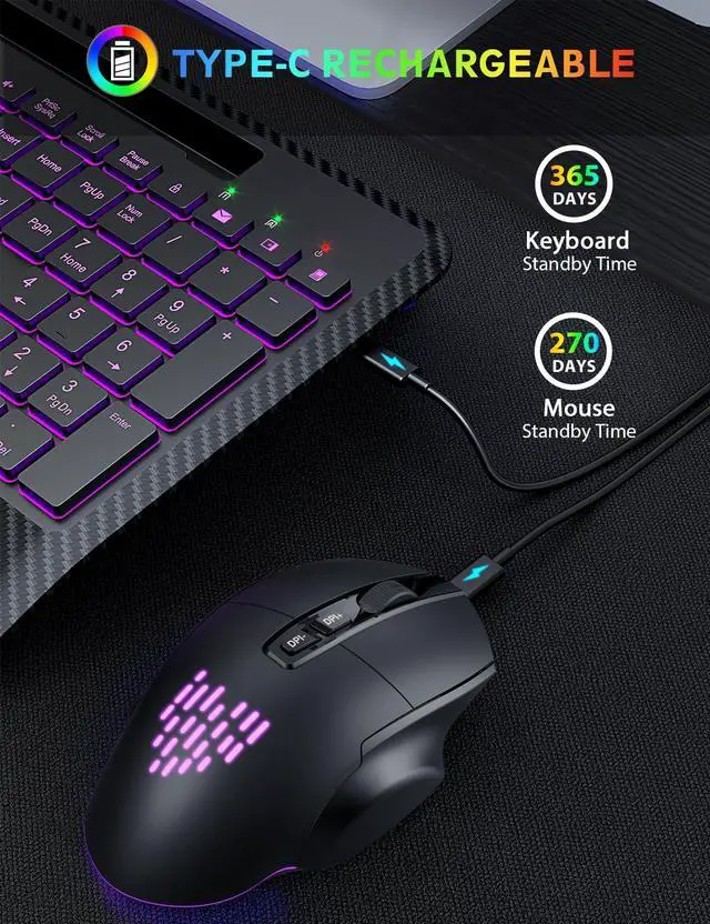 Alt view image 4 of 5 - Wireless Keyboard and Mouse Backlits, Wrist Rest, LED Mouse, Rechargeable Ergonomic Keyboard with Phone Holder, Silent Light Up Combo for Computer, Mac, PC, Laptop, Chromebook (Black)