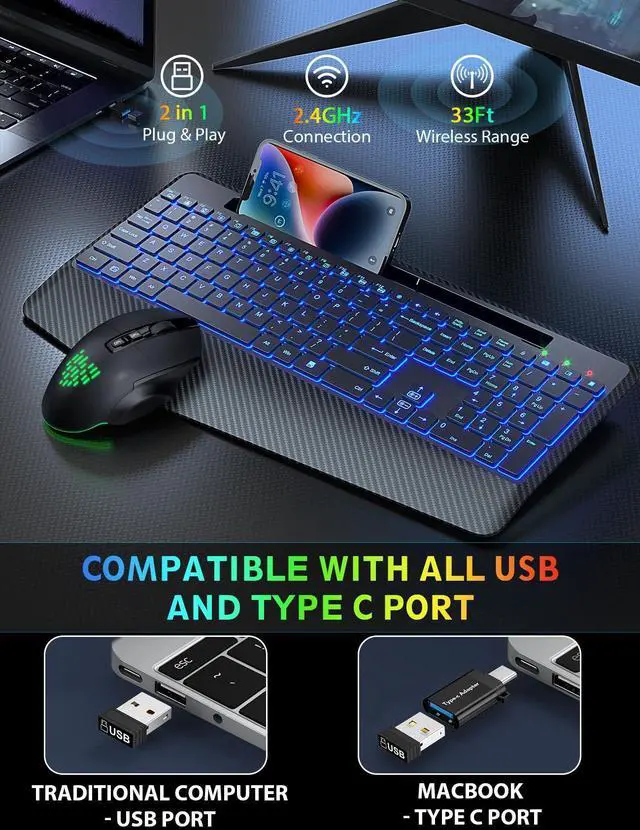 Alt view image 5 of 5 - Wireless Keyboard and Mouse Backlits, Wrist Rest, LED Mouse, Rechargeable Ergonomic Keyboard with Phone Holder, Silent Light Up Combo for Computer, Mac, PC, Laptop, Chromebook (Black)