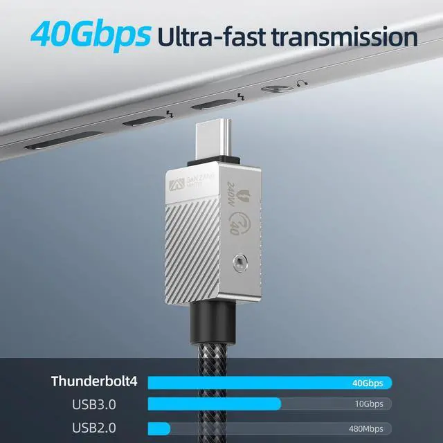 Alt view image 3 of 5 - 40Gbps Thunderbolt 4 Cable, 240W USB-C Charger Cable, USB-C to USB-C Cable Compatible with MacBook Pro/Air, iPad Pro, Samsung S23/22/21/203.3FT