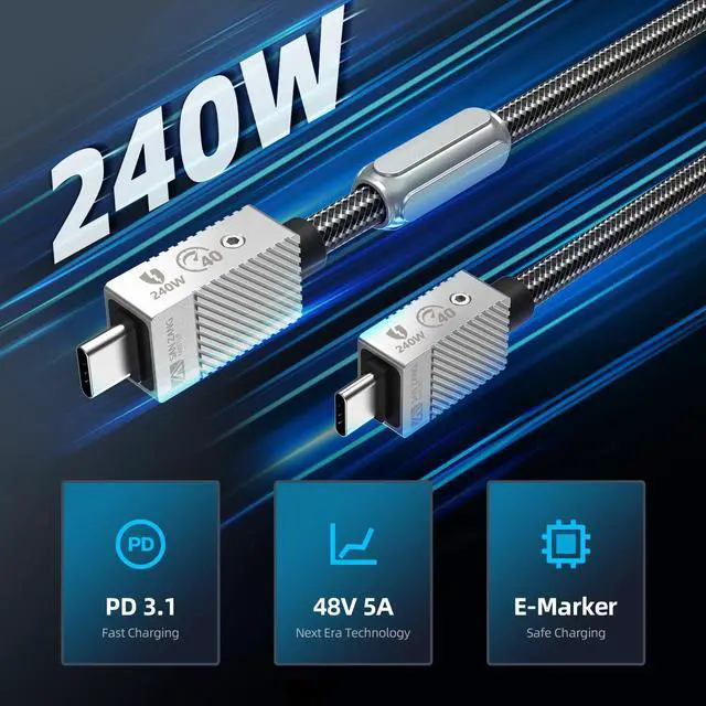 Alt view image 2 of 5 - 40Gbps Thunderbolt 4 Cable, 240W USB-C Charger Cable, USB-C to USB-C Cable Compatible with MacBook Pro/Air, iPad Pro, Samsung S23/22/21/203.3FT