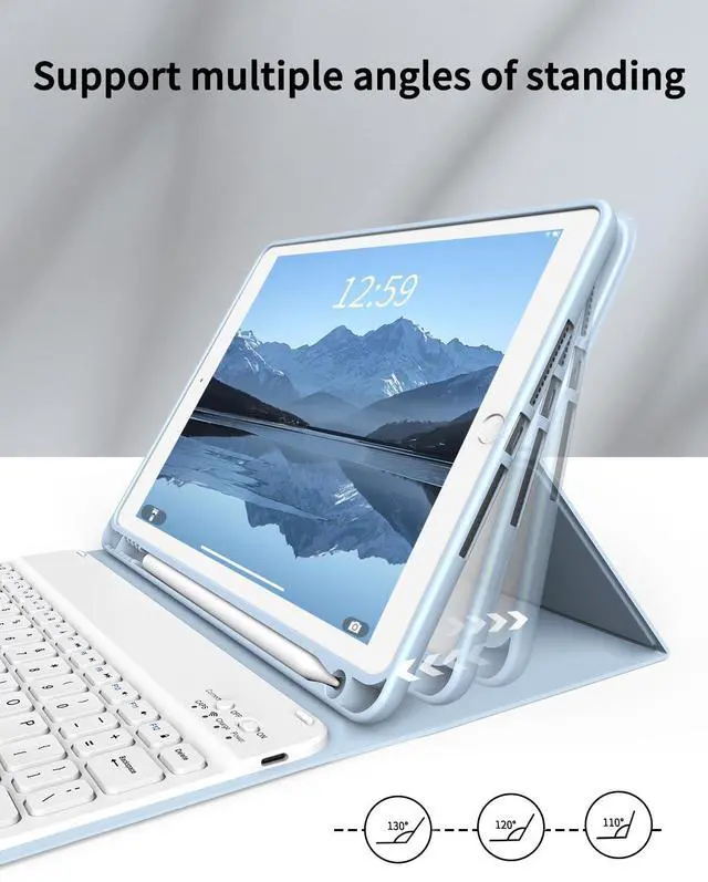Alt view image 3 of 5 - kenke Case with Keyboard for iPad 9th/8th/7th Generation 10.2 inch 2021/2020/2019 Detachable Wireless Bluetooth Keyboard Cover Thin & Light with Left Side Pencil Holder Auto Wake/SleepBlue