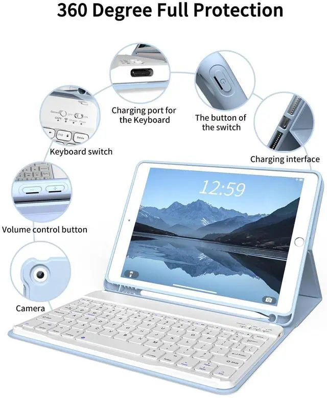 Alt view image 5 of 5 - kenke Case with Keyboard for iPad 9th/8th/7th Generation 10.2 inch 2021/2020/2019 Detachable Wireless Bluetooth Keyboard Cover Thin & Light with Left Side Pencil Holder Auto Wake/SleepBlue