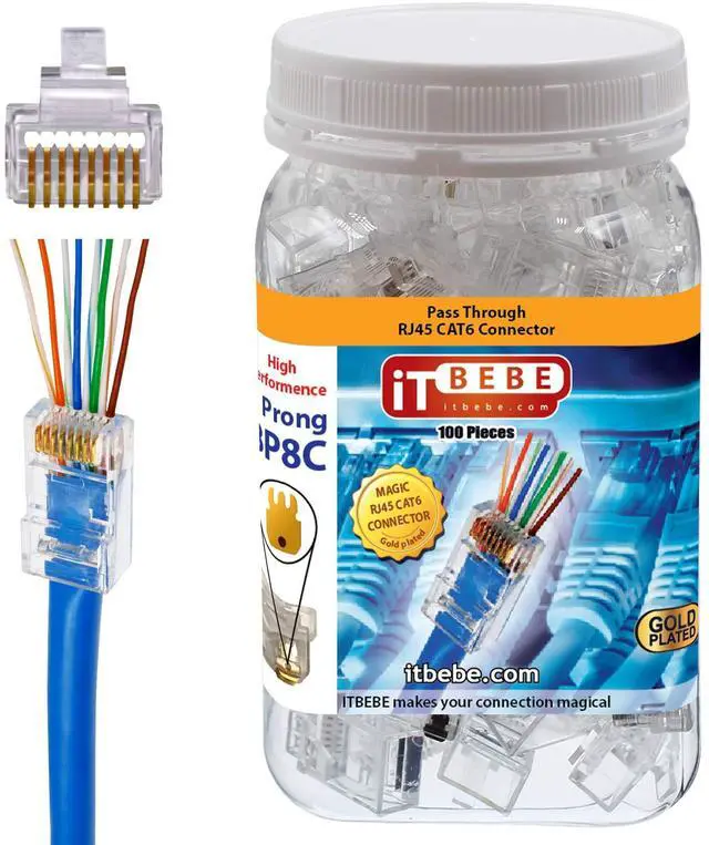 Main image of ITBEBE RJ45 Pass Through Connectors 100-Pack, Cat6 Ethernet Plug with Gold-Plated Contacts, Compatible with Solid and Stranded Cable, Easy Termination for High-Speed Networks