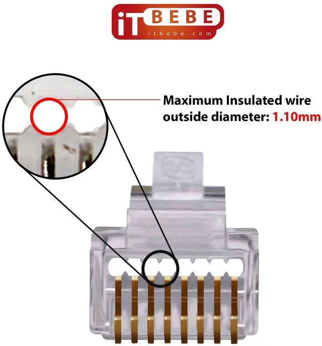 Alt view image 3 of 5 - ITBEBE RJ45 Pass Through Connectors 100-Pack, Cat6 Ethernet Plug with Gold-Plated Contacts, Compatible with Solid and Stranded Cable, Easy Termination for High-Speed Networks