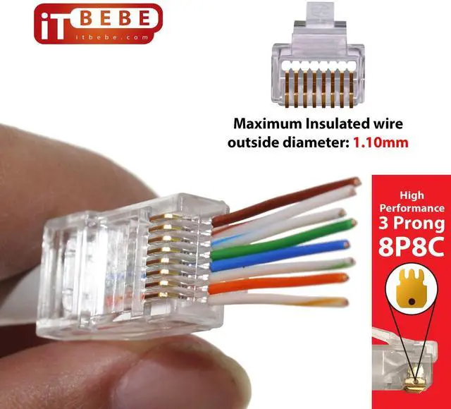 Alt view image 4 of 5 - ITBEBE RJ45 Pass Through Connectors 100-Pack, Cat6 Ethernet Plug with Gold-Plated Contacts, Compatible with Solid and Stranded Cable, Easy Termination for High-Speed Networks