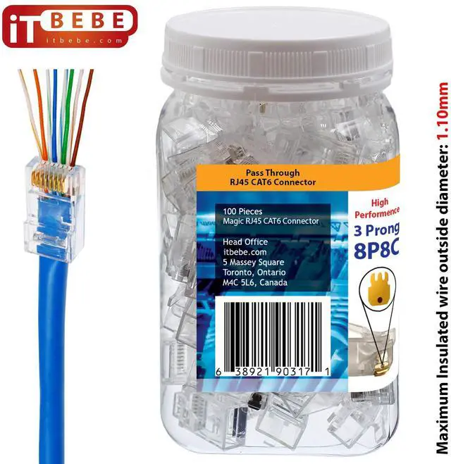 Alt view image 2 of 5 - ITBEBE RJ45 Pass Through Connectors 100-Pack, Cat6 Ethernet Plug with Gold-Plated Contacts, Compatible with Solid and Stranded Cable, Easy Termination for High-Speed Networks
