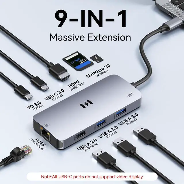 Alt view image 2 of 5 - USB C Adapters for MacBook Pro/Air, Mac Dongle with 3 USB Port, 9 in 1 Macbook Hub to HDMI, RJ45 Ethernet,100W Pd Charging, USB C to SD/TF Card Reader Compatible With Macbook/Dell XPS, Lenovo Thinkpad
