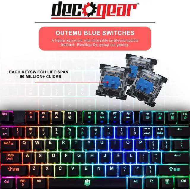 Alt view image 3 of 5 - Deco Gear Mechanical Gaming Keyboard, Anti-Ghosting, Ergonomic Fixed Palm Rest, Full Customizable RGB Backlit, Carbon Fiber Design, Outemu Blue Switch, Wired, Black