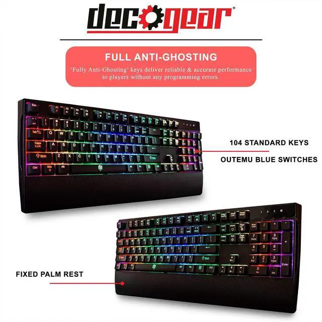 Alt view image 5 of 5 - Deco Gear Mechanical Gaming Keyboard, Anti-Ghosting, Ergonomic Fixed Palm Rest, Full Customizable RGB Backlit, Carbon Fiber Design, Outemu Blue Switch, Wired, Black