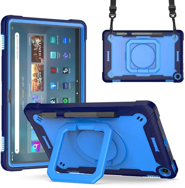 Main image of zukof Case for Amazon Fire Max 11 inch Tablet (13th Generation, 2023 Release) Hybrid Shockproof 360 Rotating Multi-Functional Ring Stand Case with Shoulder Straps (Blue/Blue)
