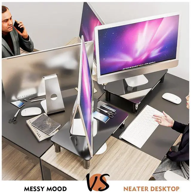 Alt view image 4 of 5 - 2 Pack Computer Monitor Stand Riser with Height Adjustable Multi Media Desktop Stand for Flat Screen LCD LED TV, Laptop/Notebook/Xbox One, Black HD01B-202