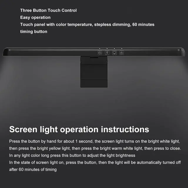 Alt view image 5 of 5 - Yunseity Curved Monitor Light Bar, Reading LED Monitor Light with 3 Color Temperature Modes Stepless Dimming, Touch Control Computer Monitor Lamp Bar, No Screen Glare for Home Office