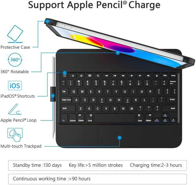 Alt view image 3 of 5 - TaIYanG for iPad 10th Generation Case with Keyboard 10.9" 2022 & 11th (A16) 2025, Touch Trackpad Keyboard Case for 11/10th Generation-360° Rotate,Pencil Holder, Keyboard for iPad 10th Gen, Black