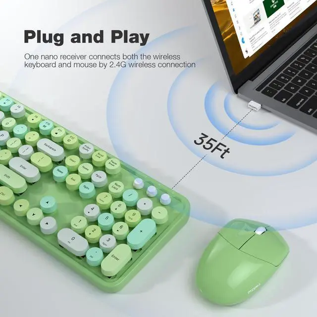 Alt view image 2 of 5 - Wireless Keyboard and Mouse Combo, MOWUX Colorful Computer Full Size 2.4G Plug and Play Wireless Typewriter Keyboard and Mouse Set for Windows, Computer, Desktop, PC, Notebook (Green Colorful)