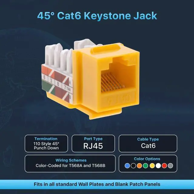 Alt view image 2 of 5 - SATMAXIMUM Cat6 Keystone Ethernet Wall Jack Punch Down UTP 45-Degree (Easier Termination Than 90-Degree), RJ45 Slim Profile 45° Angled Speed Termination Yellow (30 Pack)