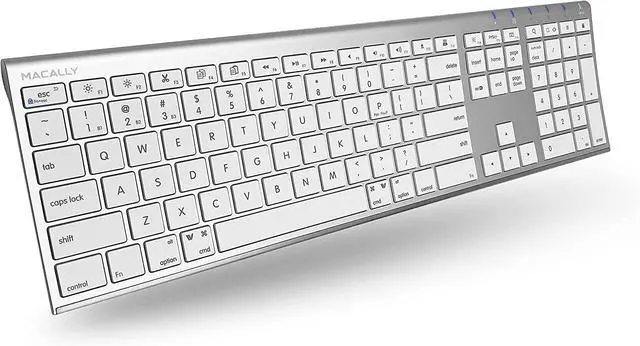 Main image of Macally Wireless Bluetooth Keyboard for Mac - Compatible Apple Keyboard or MacBook Pro/Air, iMac - Multi-Device, Up to 3 Devices with 110 Keys, 20 Shortcuts, Numeric Keypad, and Rechargeable - Silver