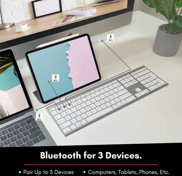 Alt view image 4 of 5 - Macally Wireless Bluetooth Keyboard for Mac - Compatible Apple Keyboard or MacBook Pro/Air, iMac - Multi-Device, Up to 3 Devices with 110 Keys, 20 Shortcuts, Numeric Keypad, and Rechargeable - Silver