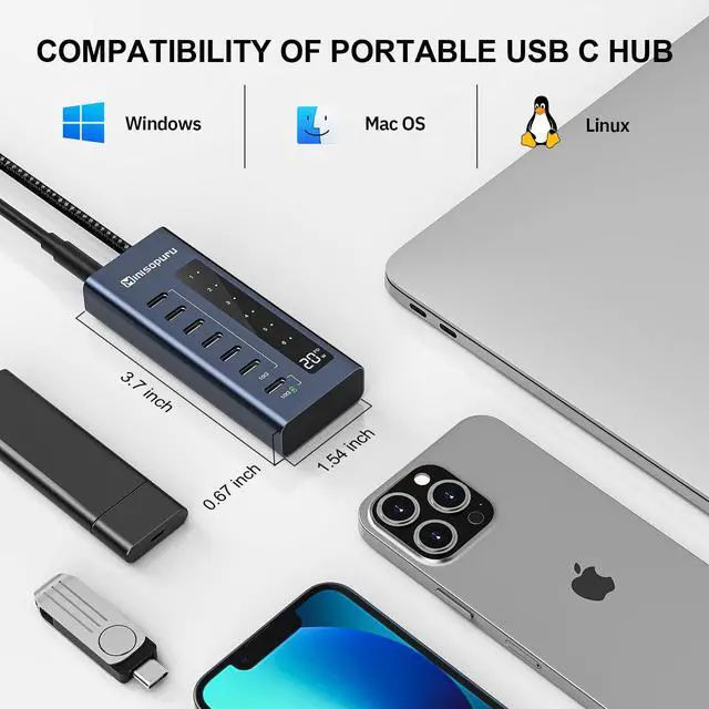 Alt view image 5 of 5 - Minisopuru Powered USB C Hub, 7 in 1 USB-C Hub Support 10Gbps Data & 20W Charging, USBC Hub Powered Multiport Adapter for MacBook Pro/Air, iMac,iPad, Phone, Surface, Dell, etc.(Not Support Video)