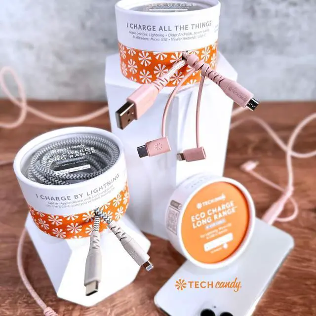 Alt view image 5 of 5 - Tech Candy Eco Charge USB Cable, Rose/Pink - 3 Tip Universal Charger, USB-A to Lightning/Micro USB/USB-C, 6 Long Cord, Made with Earth Friendly Wheat Straw, Woven Cable, Quality, Flexible