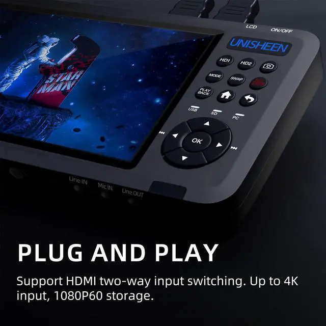 Alt view image 3 of 5 - Unisheen 4K60 Video Capture Box-2 Channel HDMI Input with PIP/POP/PMP,Video Recorder with Screen 7 in,Compatible with Consoles, Cameras, Set-Top Boxes, PCs, 4K TVs, Projectors, Monitors