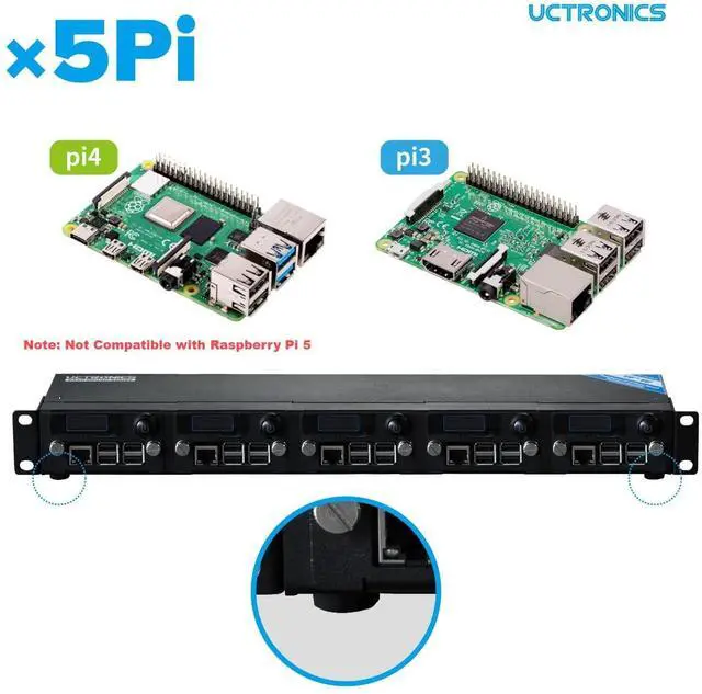 Alt view image 3 of 5 - UCTRONICS for Raspberry Pi Rackmount Complete Enclosure 2.0 with PoE Functionality, Front Removable 19" 1U Rack Mount with Captive Screws, Supports Up to 5 RPis, Compatible with Raspberry Pi 4B, 3B+