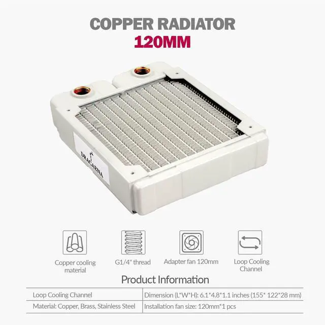 Alt view image 2 of 5 - Dracaena.io 120mm - 28mm/1.1 inch Thick Computer Radiator, 14 Tubes Copper Water Cooling Cooler for CPU Heat Sink - Liquid Heat Exchanger Dual G1/4 Thread, White