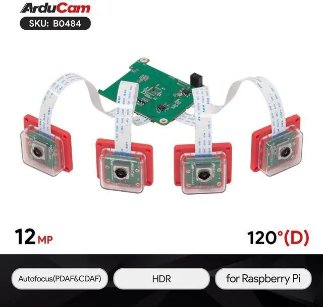 Alt view image 2 of 5 - Arducam for Raspberry Pi Camera, 12MP IMX708 Quad-Camera Kit for Raspberry Pi 5, 120°(D) Wide Angle Autofocus Camera, Stereo Synchronized Camera Module