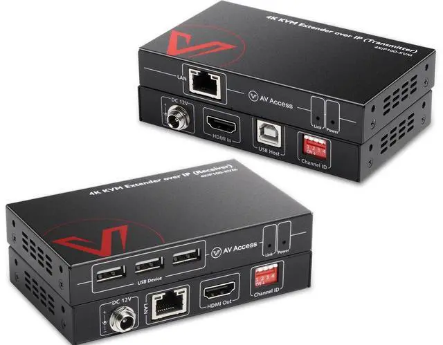 Main image of AV Access 4K HDMI USB KVM Extender TCP/IP Over Single Cat5e/6/6a/7 up to 120M(390ft), 1080P@120Hz, Plug & Play, Keyboard & Mouse Over Network, Zero Latency, 3 Ports USB Hub, DIP up to 16 Sets