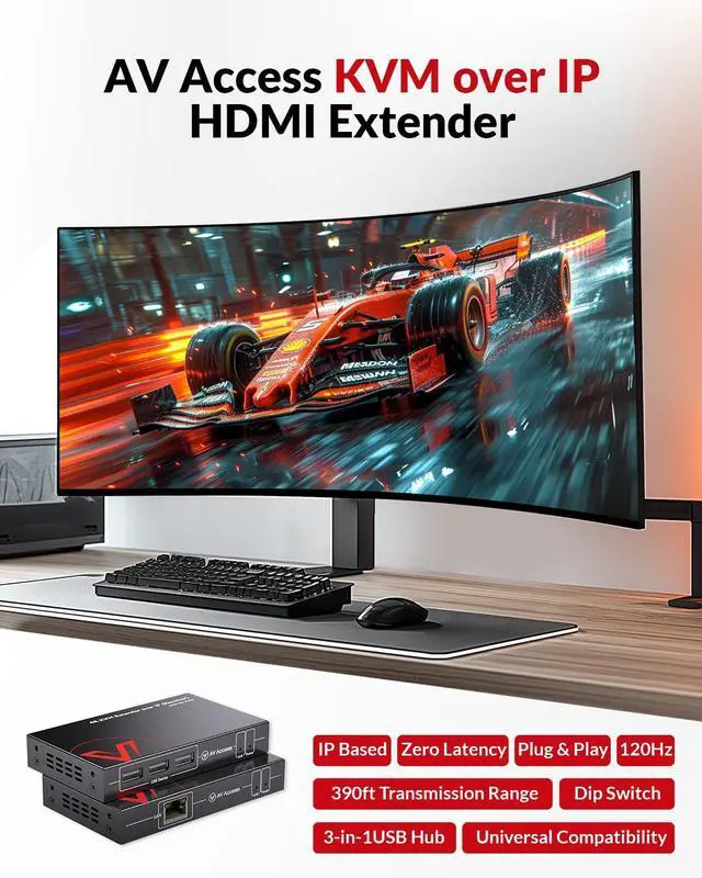 Alt view image 2 of 5 - AV Access 4K HDMI USB KVM Extender TCP/IP Over Single Cat5e/6/6a/7 up to 120M(390ft), 1080P@120Hz, Plug & Play, Keyboard & Mouse Over Network, Zero Latency, 3 Ports USB Hub, DIP up to 16 Sets