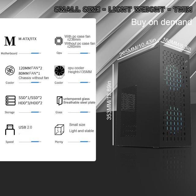 Alt view image 2 of 5 - matx case,itx case,High Airflow Micro ATX PC Case, Support MATX, Mini-ITX, Micro ATX case Slim with USB3.0x1 I/O Port, Black Without Fans