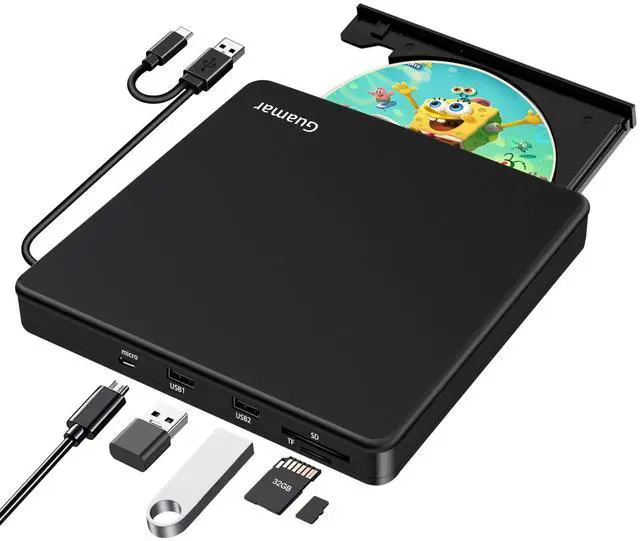 Main image of Guamar External CD DVD Drive: USB-C Burner for Laptop PC Mac MacBook Windows 11 with SD TF Slot 2 USB Ports - Portable Plug & Play Aluminum (Black)