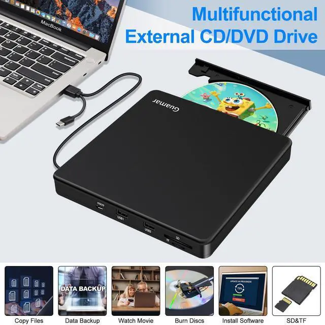 Alt view image 2 of 5 - Guamar External CD DVD Drive: USB-C Burner for Laptop PC Mac MacBook Windows 11 with SD TF Slot 2 USB Ports - Portable Plug & Play Aluminum (Black)