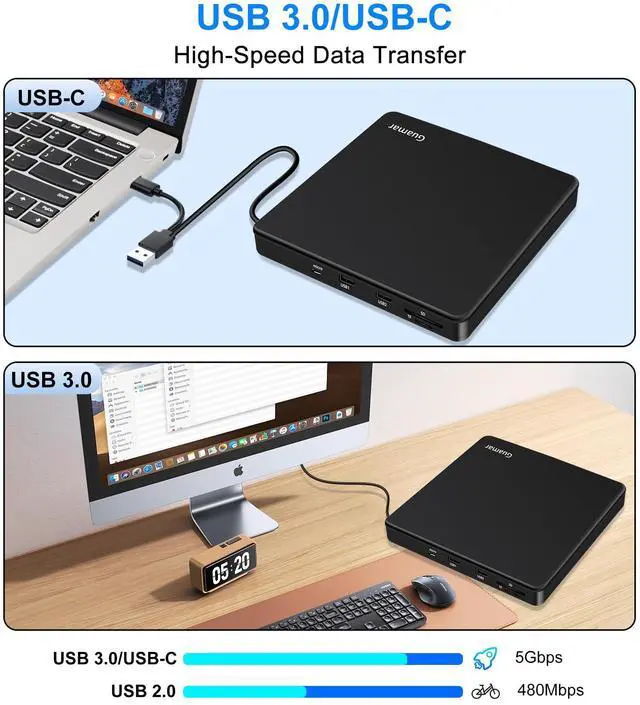 Alt view image 3 of 5 - Guamar External CD DVD Drive: USB-C Burner for Laptop PC Mac MacBook Windows 11 with SD TF Slot 2 USB Ports - Portable Plug & Play Aluminum (Black)