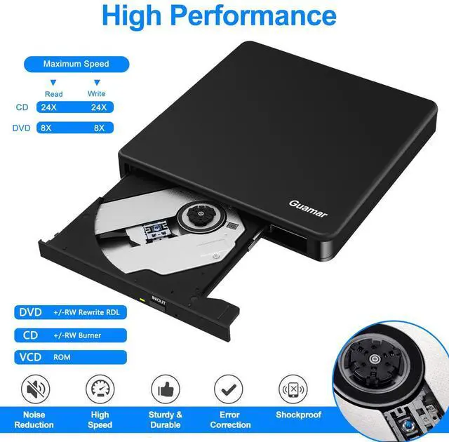 Alt view image 4 of 5 - Guamar External CD DVD Drive: USB-C Burner for Laptop PC Mac MacBook Windows 11 with SD TF Slot 2 USB Ports - Portable Plug & Play Aluminum (Black)