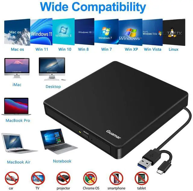 Alt view image 5 of 5 - Guamar External CD DVD Drive: USB-C Burner for Laptop PC Mac MacBook Windows 11 with SD TF Slot 2 USB Ports - Portable Plug & Play Aluminum (Black)