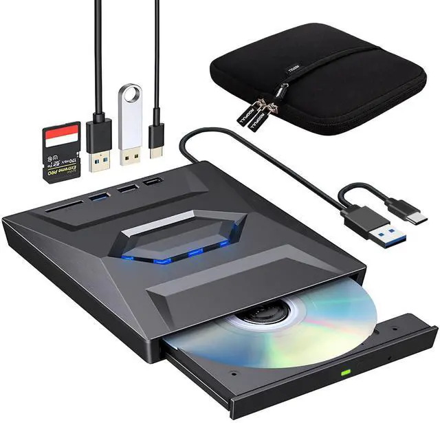 Main image of ROOFULL External CD DVD Drive with USB 3.0 Type-C Ports + SD Card Slot + Carrying Case for Laptop PC, CD DVD +/-RW Reader Writer Burner Player ROM Optical Disk Drive for Windows, Mac, Linux Computers