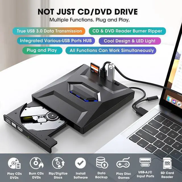 Alt view image 2 of 5 - ROOFULL External CD DVD Drive with USB 3.0 Type-C Ports + SD Card Slot + Carrying Case for Laptop PC, CD DVD +/-RW Reader Writer Burner Player ROM Optical Disk Drive for Windows, Mac, Linux Computers