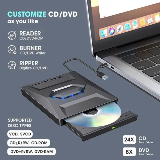 Alt view image 4 of 5 - ROOFULL External CD DVD Drive with USB 3.0 Type-C Ports + SD Card Slot + Carrying Case for Laptop PC, CD DVD +/-RW Reader Writer Burner Player ROM Optical Disk Drive for Windows, Mac, Linux Computers