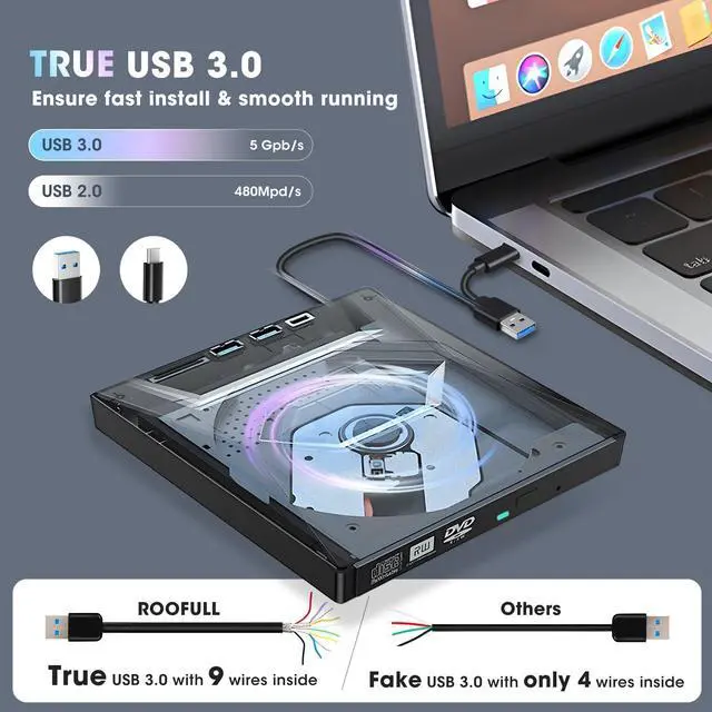 Alt view image 3 of 5 - ROOFULL External CD DVD Drive with USB 3.0 Type-C Ports + SD Card Slot + Carrying Case for Laptop PC, CD DVD +/-RW Reader Writer Burner Player ROM Optical Disk Drive for Windows, Mac, Linux Computers