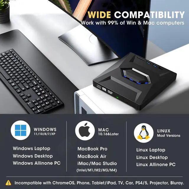 Alt view image 5 of 5 - ROOFULL External CD DVD Drive with USB 3.0 Type-C Ports + SD Card Slot + Carrying Case for Laptop PC, CD DVD +/-RW Reader Writer Burner Player ROM Optical Disk Drive for Windows, Mac, Linux Computers