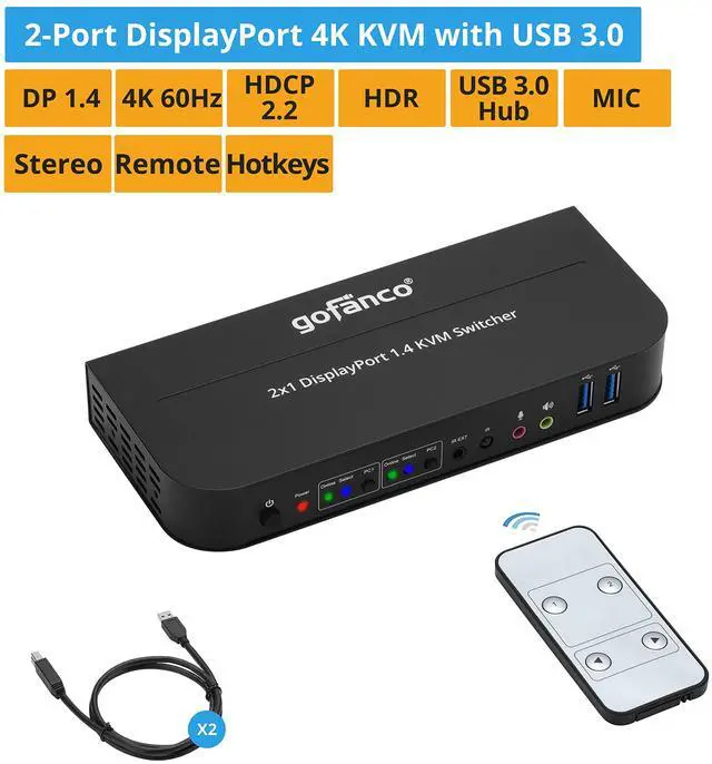 Alt view image 2 of 5 - gofanco 2 Port 4K 60HZ DisplayPort KVM Switch with USB 3.0  DisplayPort 1.4, 4K @60Hz 4:4:4, HDR, HDCP 2.2/1.4, USB Keyboard/Mouse, USB 3.0 Hub, MIC in, Stereo Out, IR Remote, Hotkeys (KVMDP-2P)